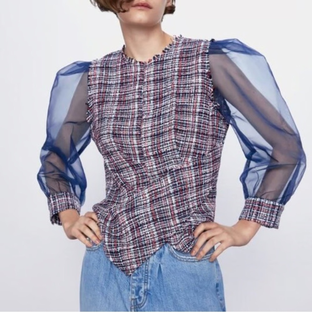 Zara Tweed Organza Puff Long Sleeve Top